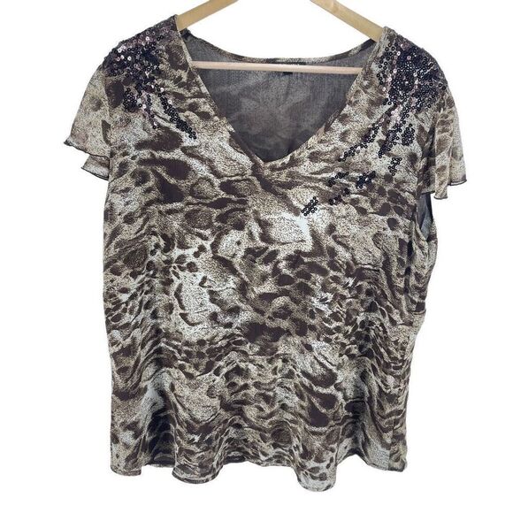 Apt 9 Womens Blouse Top Animal Print Ruffle Cap Sleeve V Neck Brown Size XL - Picture 10 of 11